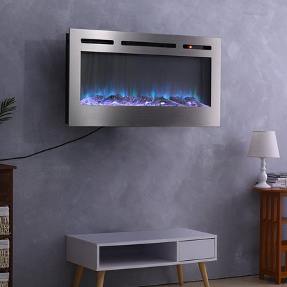 60 Inch Electric Fireplace Silver Recessed Fire with 12 LED Flame Colour