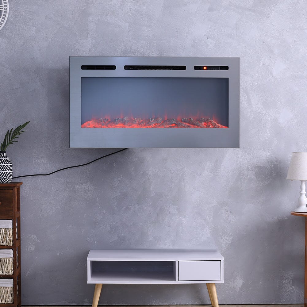 60 Inch Electric Fireplace Silver Recessed Fire with 12 LED Flame Colour