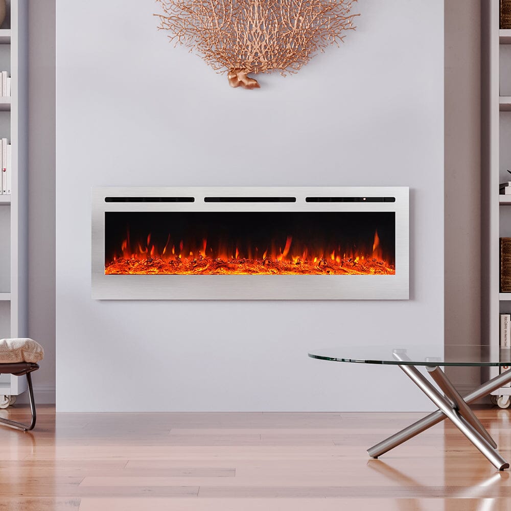 60 Inch Electric Fireplace Silver Recessed Fire with 12 LED Flame Colour