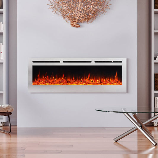 60 Inch Electric Fireplace Silver Recessed Fire with 12 LED Flame Colour