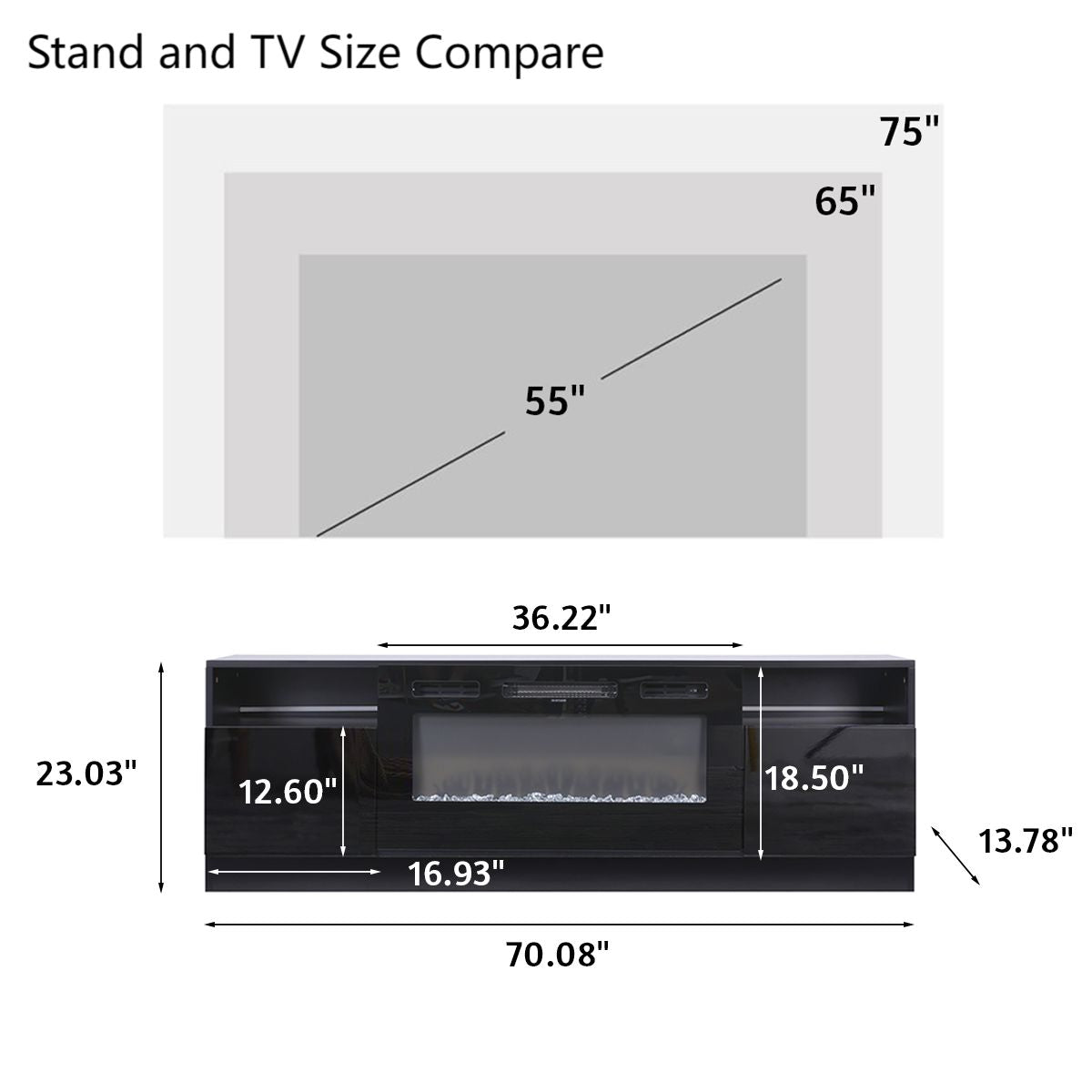 36 Inch Recessed Electric Fireplace TV Stand with Closed Storage