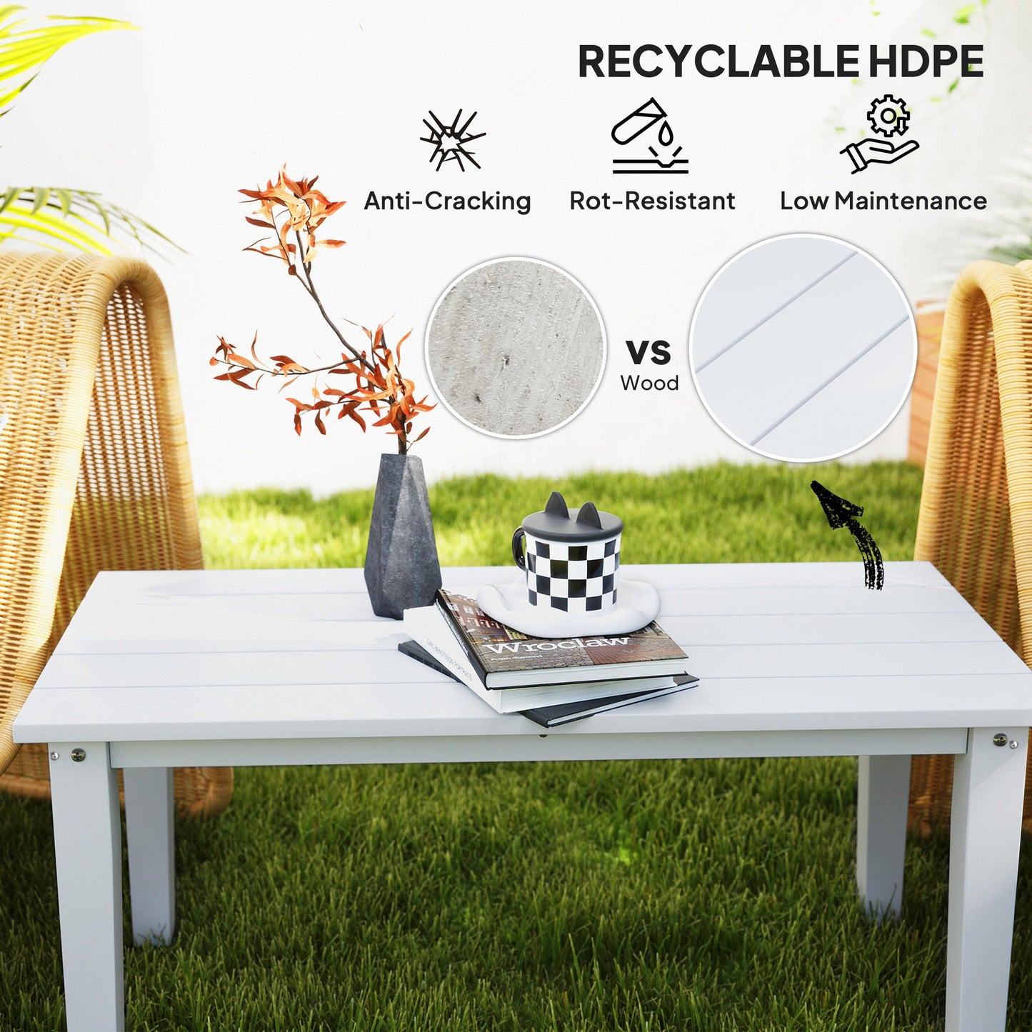 Esterno HDPE Rectangle Garden Coffee Table, Slatted Outdoor Table, White