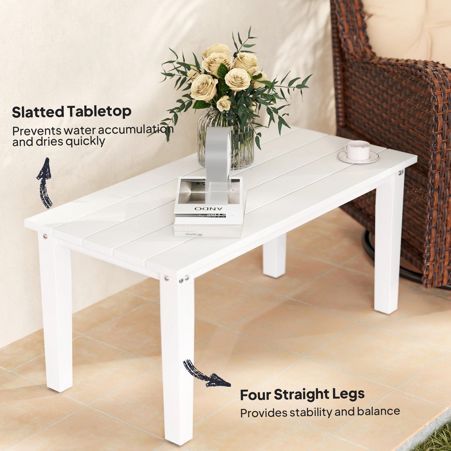 Esterno HDPE Rectangle Garden Coffee Table, Slatted Outdoor Table, White