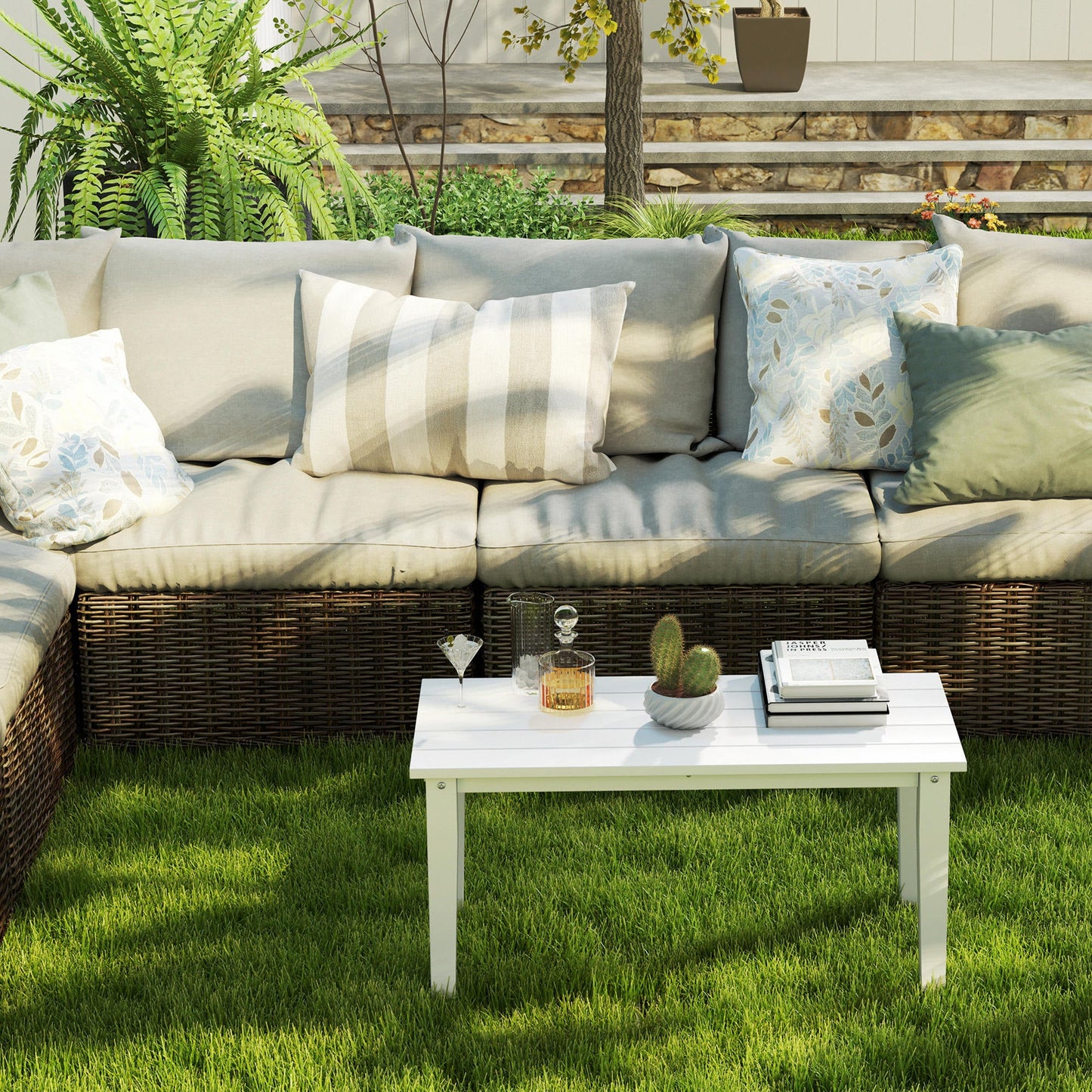 Esterno HDPE Rectangle Garden Coffee Table, Slatted Outdoor Table, White