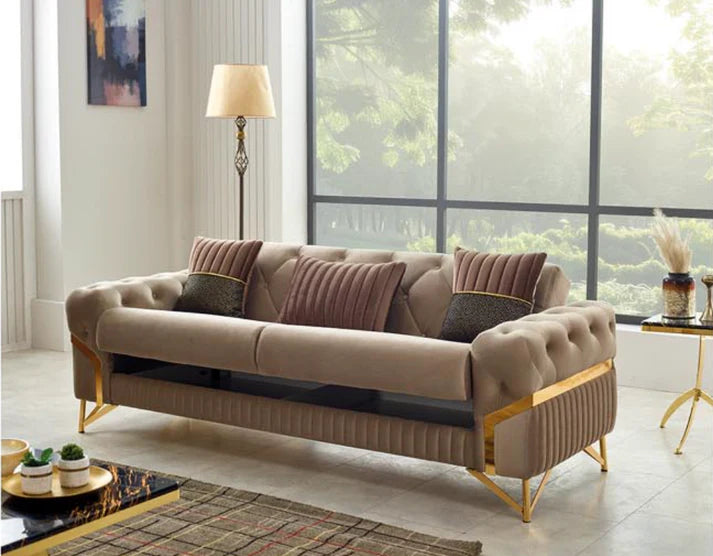 The Milano Luxury Premium 3+2 Beige Gold Velvet Sofa Bed Set