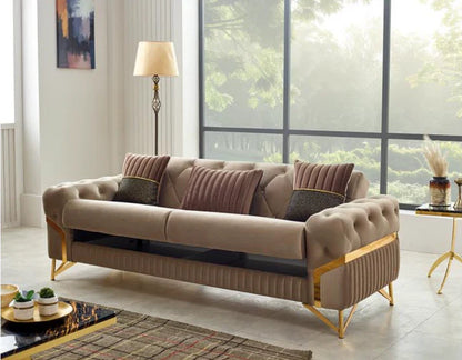 The Milano Luxury Premium 3+2 Beige Gold Velvet Sofa Bed Set