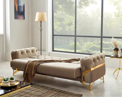 The Milano Luxury Premium 3+2 Beige Gold Velvet Sofa Bed Set