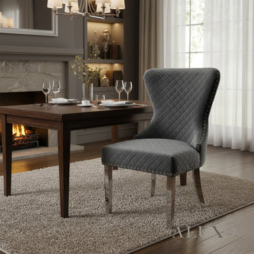 ALUXO® Chelsea Dark Gery Velvet Dining Chair | Buttoned Back with Chrome Lion Knocker