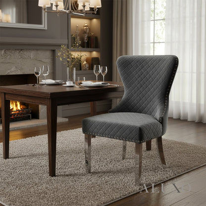 ALUXO® Chelsea Dark Gery Velvet Dining Chair | Buttoned Back with Chrome Lion Knocker