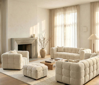 ALUXO Tribeca Bubble Upholstered Footstool In Oatmeal Beige Boucle Fabric