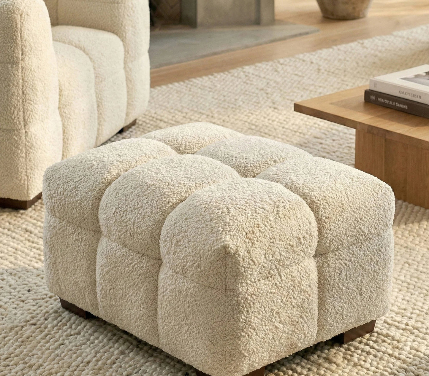 ALUXO Tribeca Bubble Upholstered Footstool In Pearl Boucle Fabric