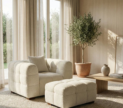 ALUXO Tribeca Bubble Upholstered Footstool In Oatmeal Beige Boucle Fabric