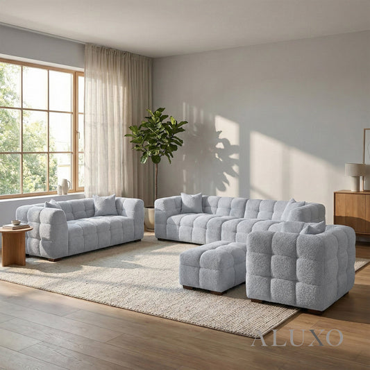 Tribeca Bubble Sofa Full Collection Set in Pearl Bouclé – 3 Seater, 4 Seater Sofa, Armchair & Footstool