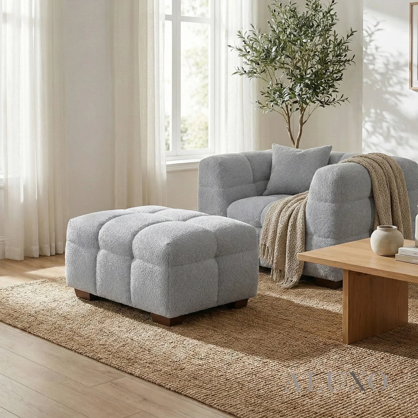 ALUXO Tribeca Bubble Upholstered Footstool In Pearl Boucle Fabric