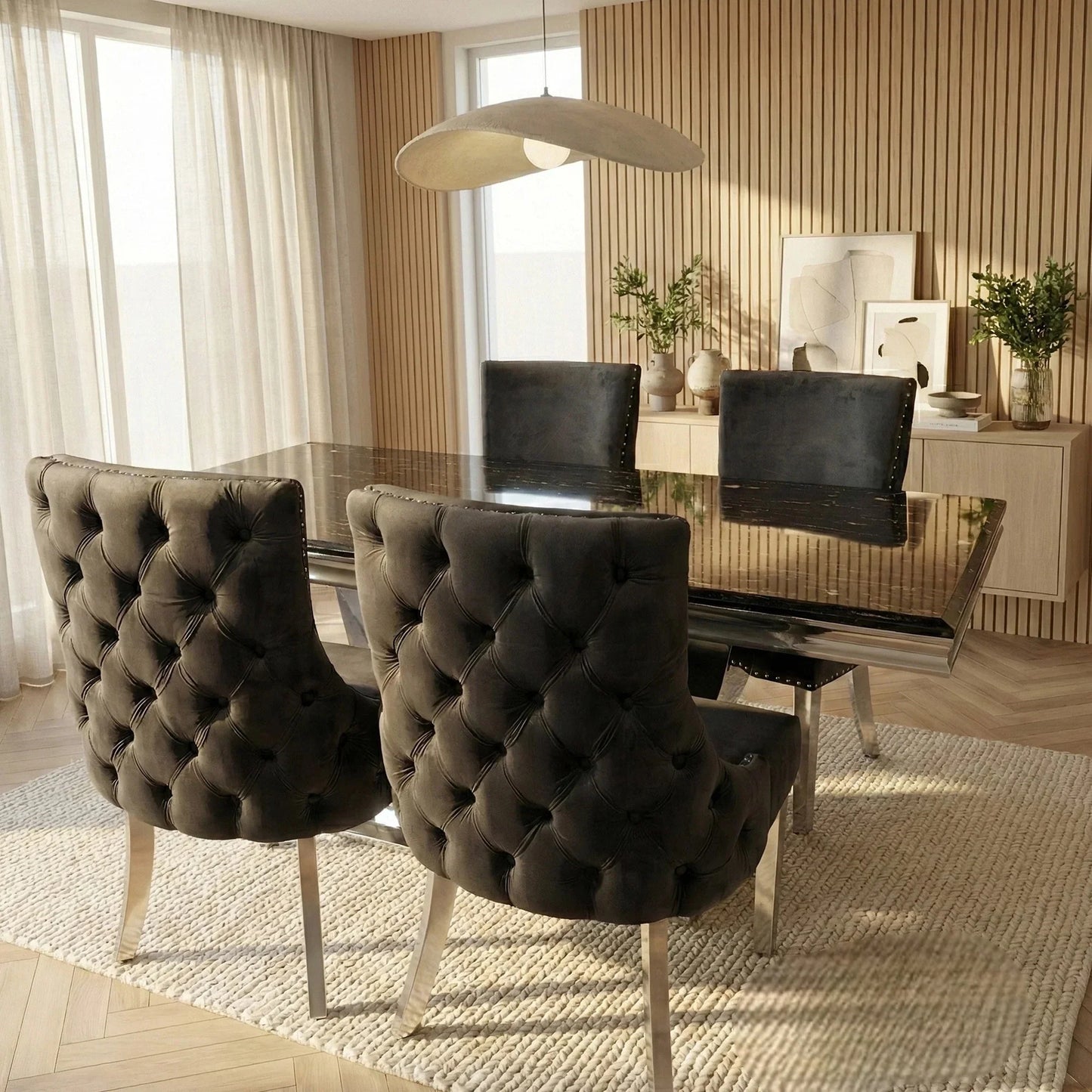 Luxury Urban 1.8m Black & Gold Marble Dining Set Chrome U-Base Table With Oskar Dark Grey Velvet Chairs