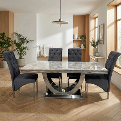 Luxury Urban 1.8m Light Grey Marble Dining Set Chrome U Base Table With Einar Grey Velvet Chairs