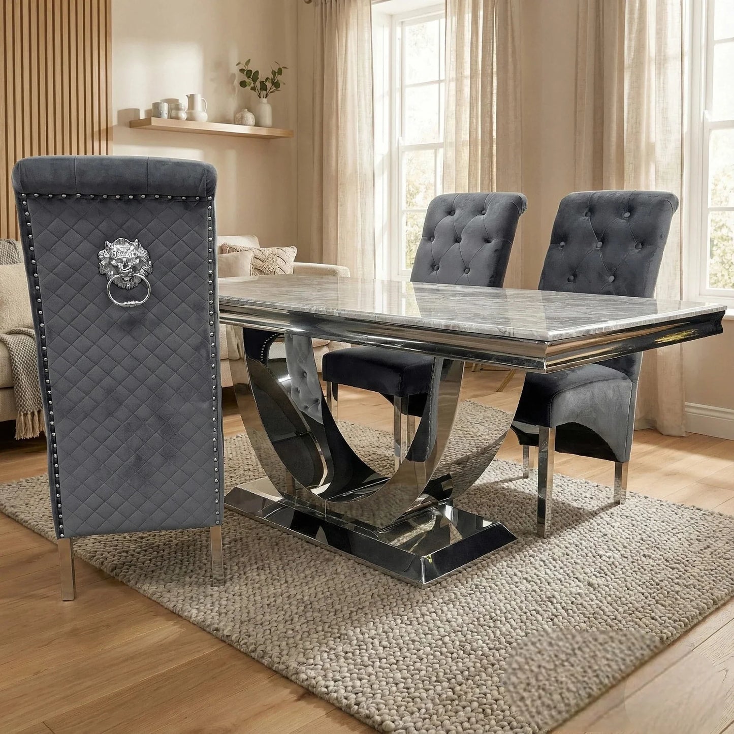 Luxury Urban 1.8m Light Grey Marble Dining Set Chrome U Base Table With Einar Grey Velvet Chairs