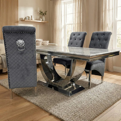 Luxury Urban 1.8m Light Grey Marble Dining Set Chrome U Base Table With Einar Grey Velvet Chairs
