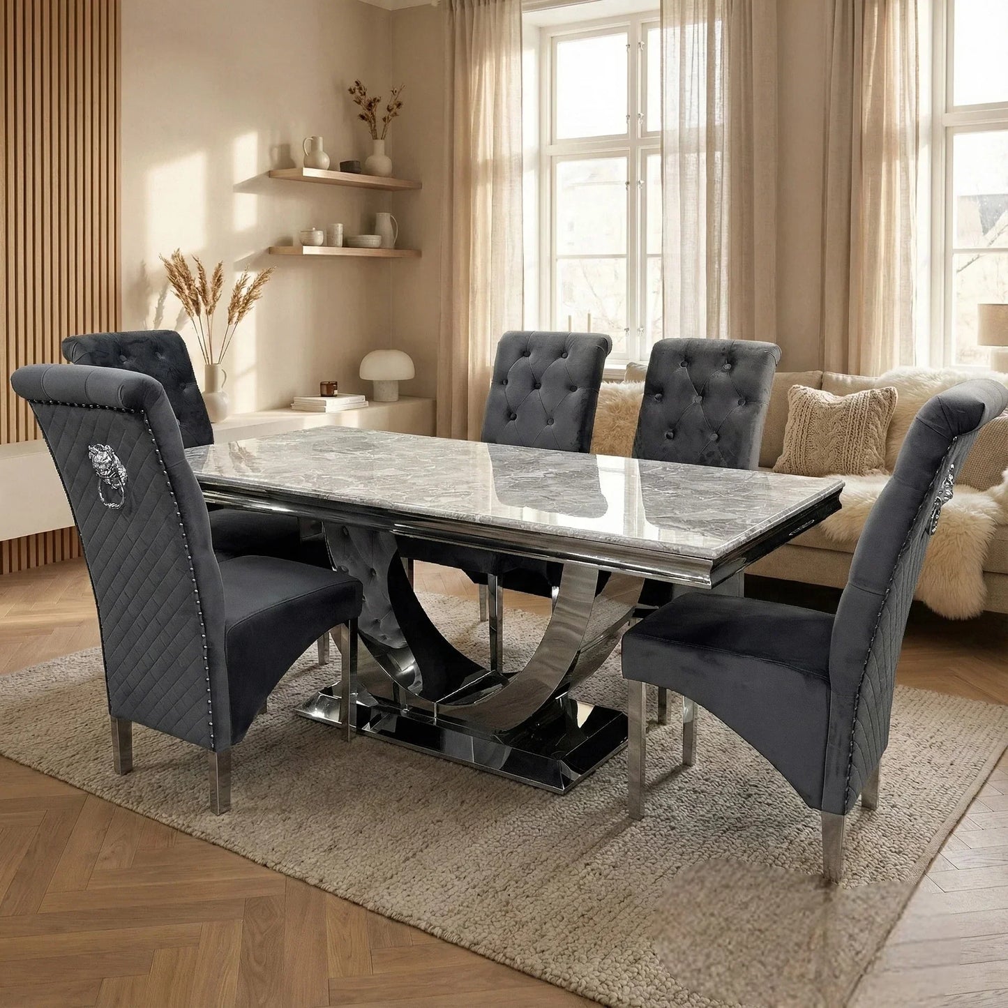 Luxury Urban 1.8m Light Grey Marble Dining Set Chrome U Base Table With Einar Grey Velvet Chairs