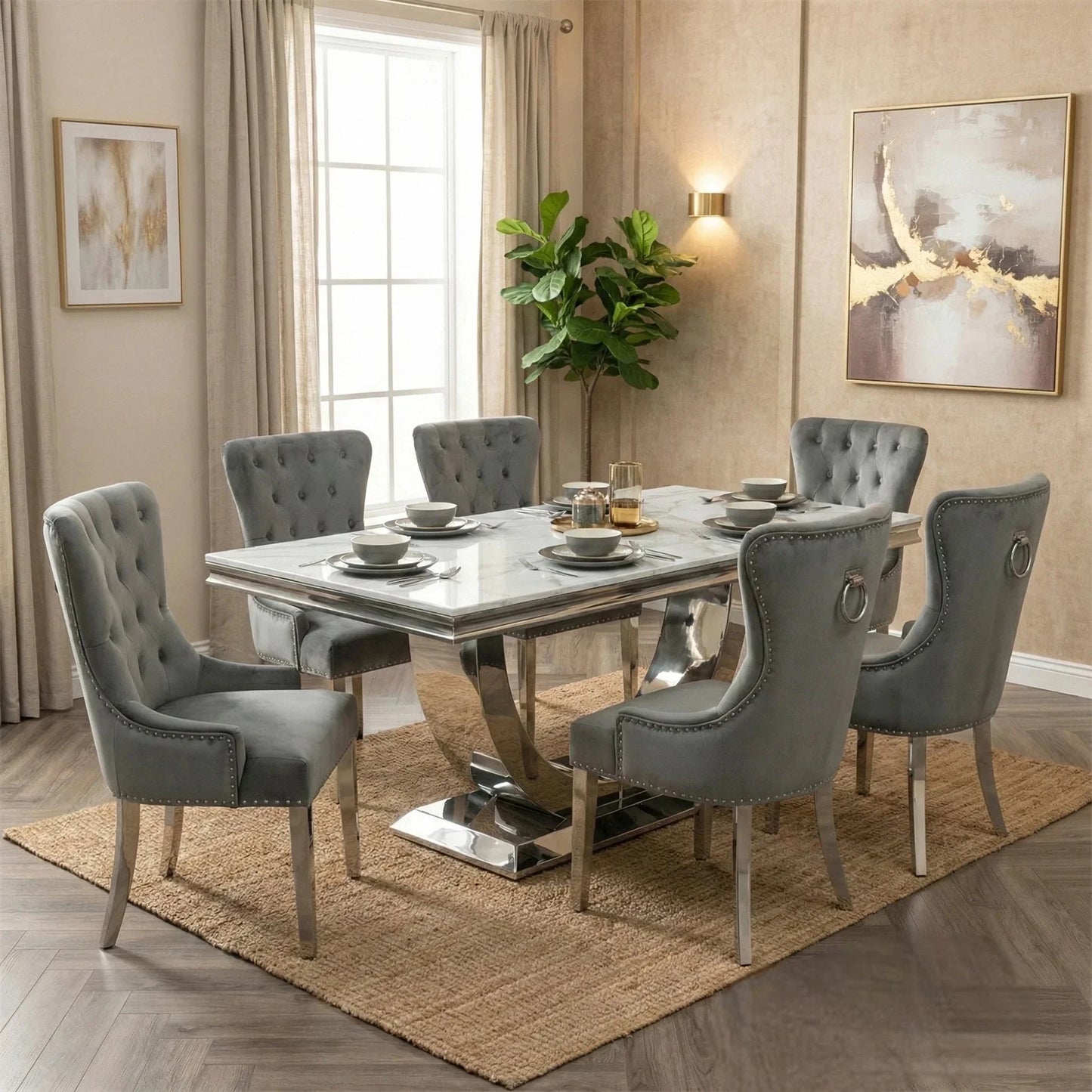 Luxury  Urban 1.8m White Marble Dining Set Chrome U Base Table With Megan Dark Grey Velvet Chairs