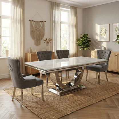 Luxury  Urban 1.8m White Marble Dining Set Chrome U Base Table With Megan Dark Grey Velvet Chairs