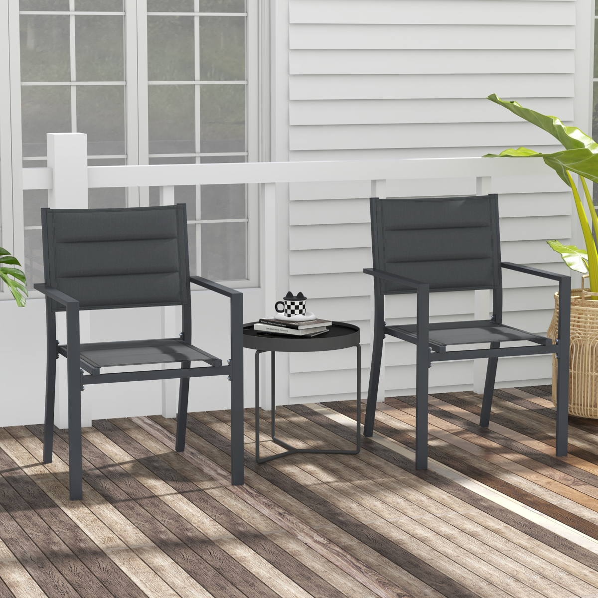 2 PCs Dining Chairs, Stackable Design Aluminium Outdoor Armchairs Grey