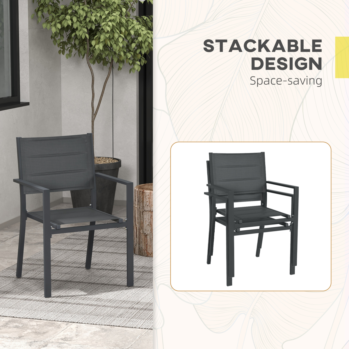 2 PCs Dining Chairs, Stackable Design Aluminium Outdoor Armchairs Grey