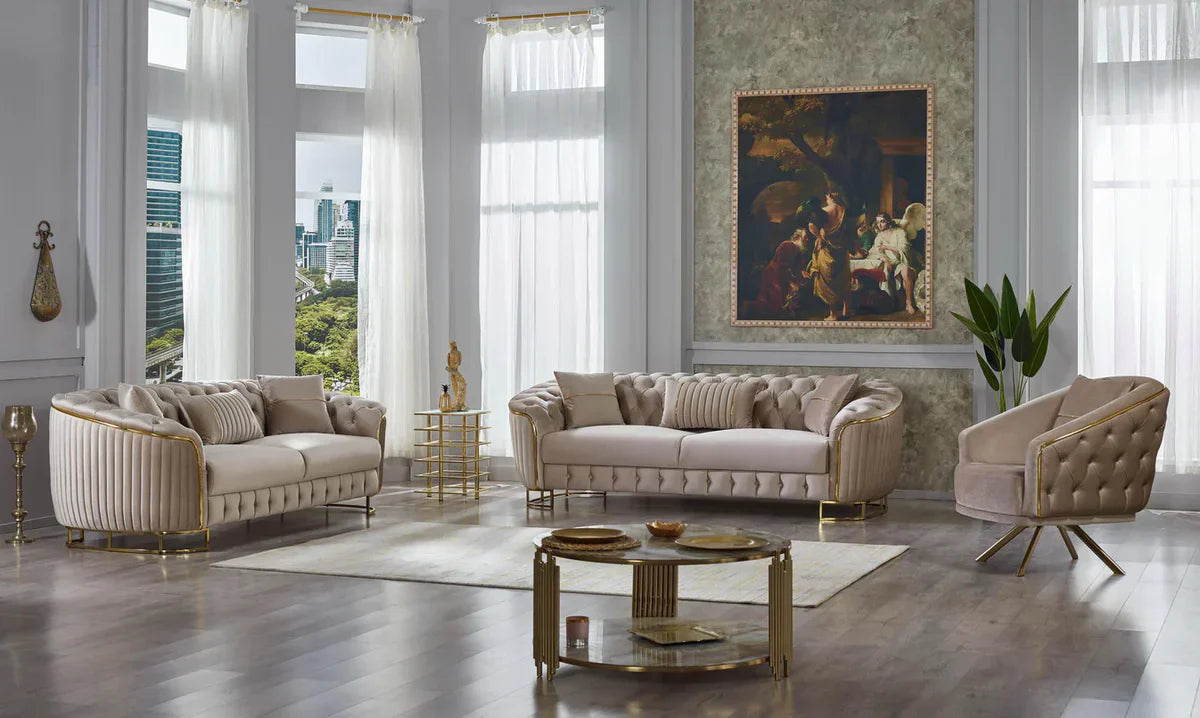 The Sienna Luxury Chesterfield Premium 3 Seater Beige Gold Velvet Sofa