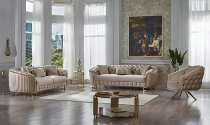 The Sienna Luxury Chesterfield Premium 3 Seater Beige Gold Velvet Sofa
