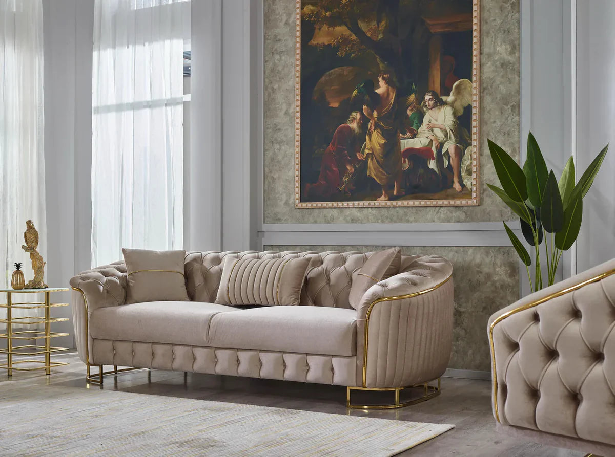The Sienna Luxury Chesterfield Premium 3+2 Beige Gold Velvet Sofa