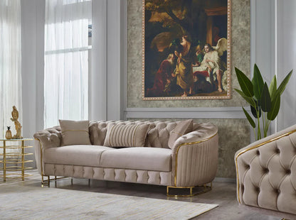 The Sienna Luxury Chesterfield Premium 3+2 Beige Gold Velvet Sofa