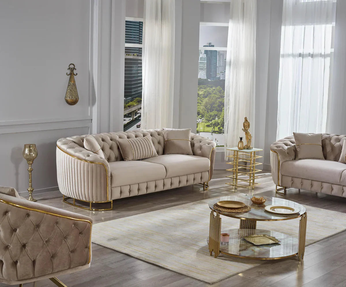The Sienna Luxury Chesterfield Premium 3 Seater Beige Gold Velvet Sofa