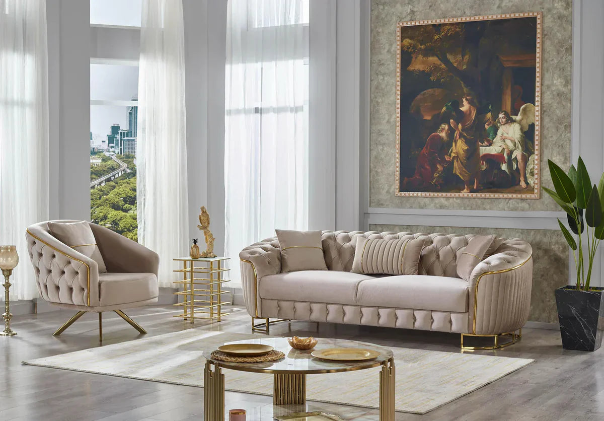 The Sienna Luxury Chesterfield Premium 3+2 Beige Gold Velvet Sofa