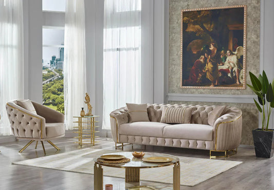 The Sienna Luxury Chesterfield Premium 3+2 Beige Gold Velvet Sofa