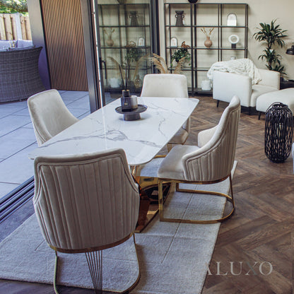 Vittoria 1.8m Slimline Gold Dining Set – White Sintered Stone Table with 4/6 Olivia Velvet Chairs