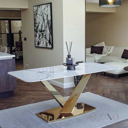 Vittoria 1.8m Slimline Gold Dining Set – White Sintered Stone Table with 4/6/8 Henrik Velvet Chairs