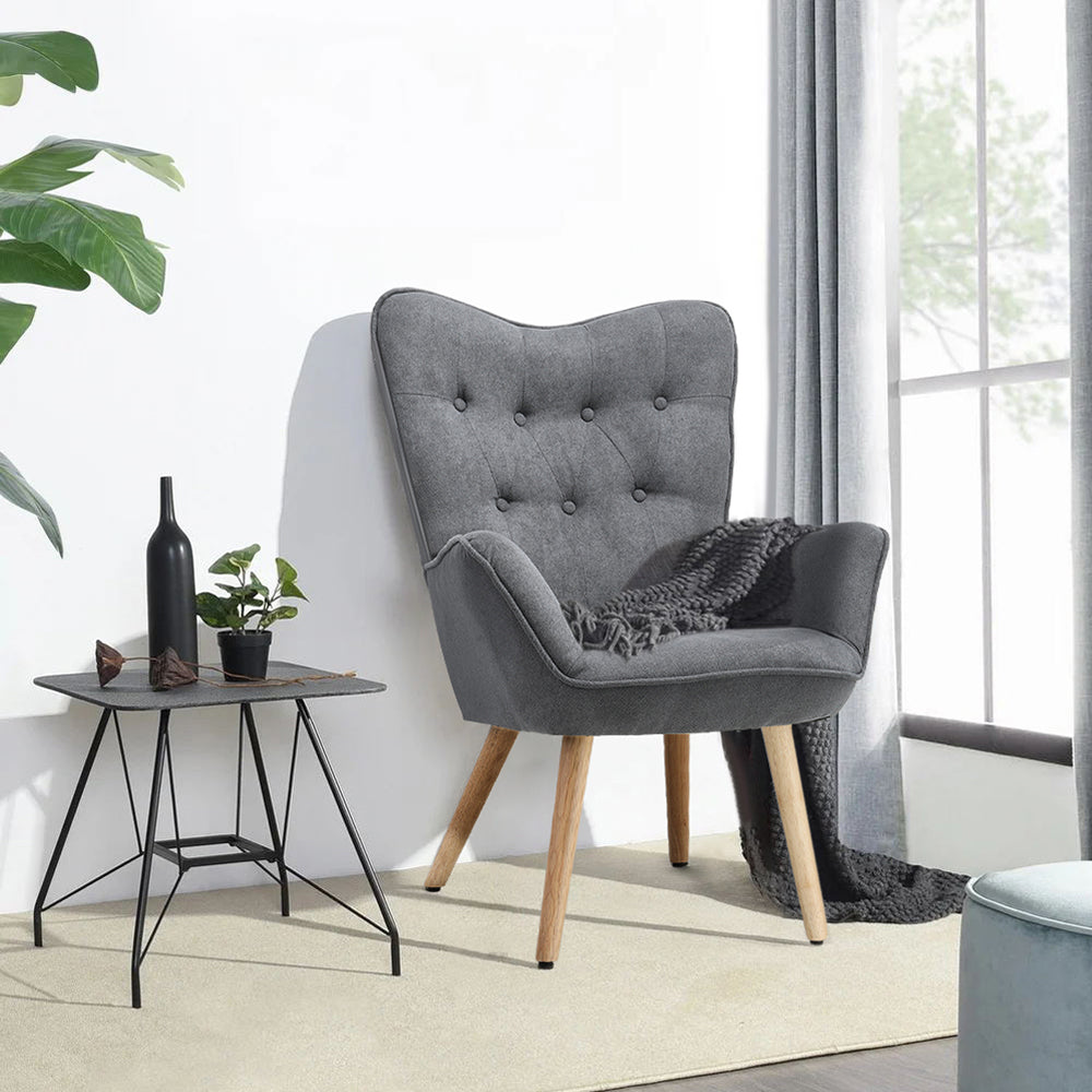 Tufted Button Linen Armchair with Wooden Legs