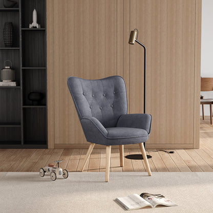 Tufted Button Linen Armchair with Wooden Legs