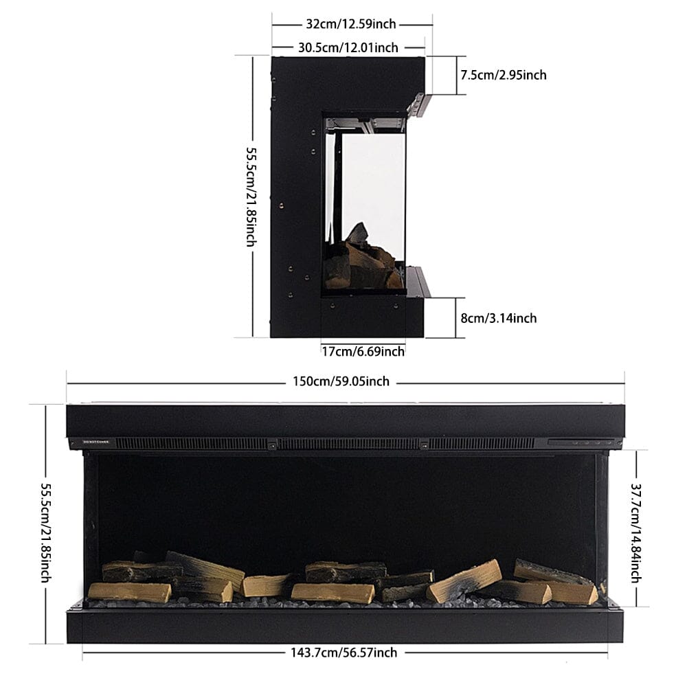 40/50/60/70-Inch 3-Sided Freestanding Electric Fireplace 12 Flame Colours and 5 Brightness Modes