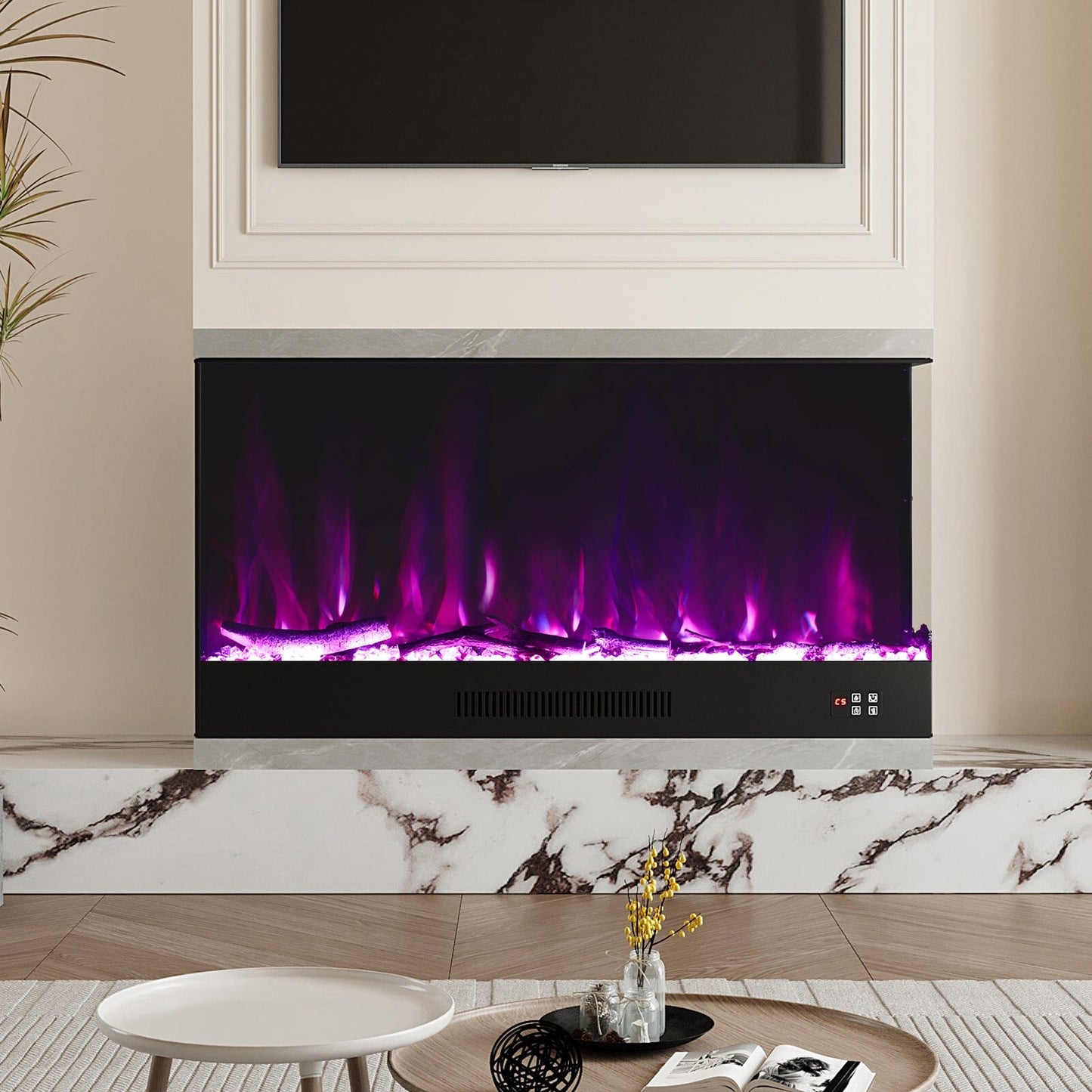 46/60inch L-Shaped Electric Fireplace – WiFi Control, LED Display, Resin Logs & Crystal Stones with Heating
