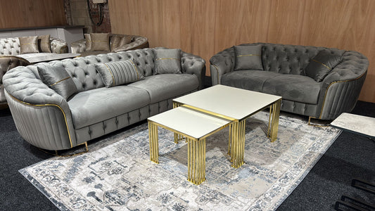 The Sienna Luxury Chesterfield Premium 3+2 Grey Gold Velvet Sofa