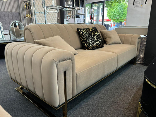 Buxton Luxury Mink Beige & Gold 3+2 Velvet Sofa