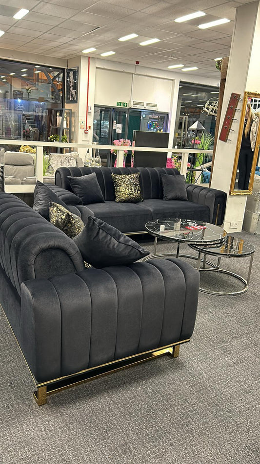 Buxton Luxury Black & Gold 3+2 Velvet Sofa