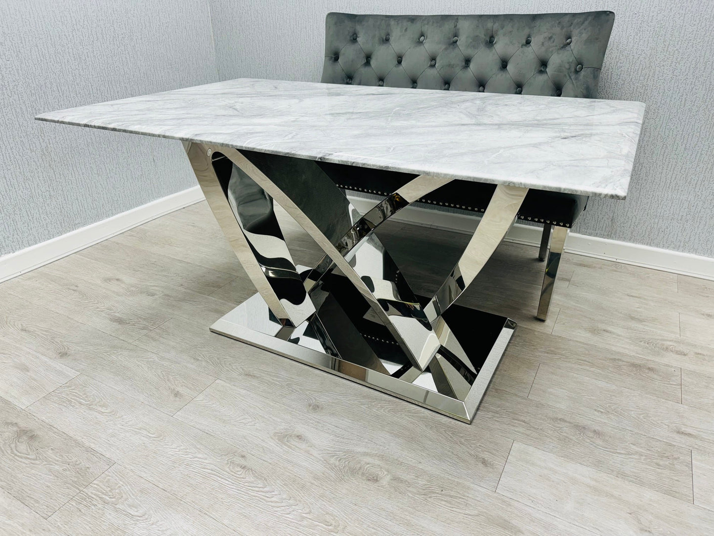 California 180cm Grey Chrome Marble Dining Table