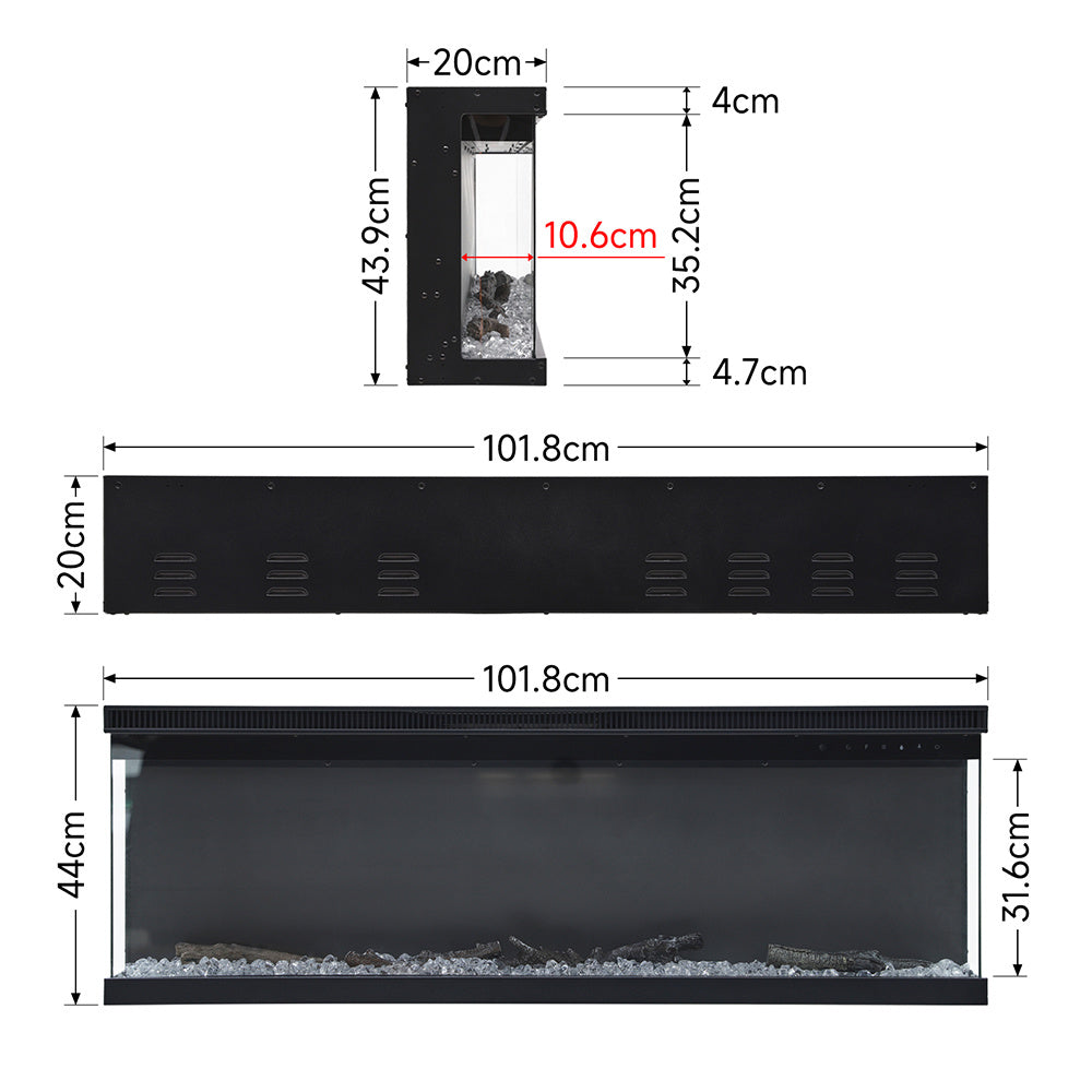 Panoramic 2/3-Sided Electric Fire Insert with Crystal Stones