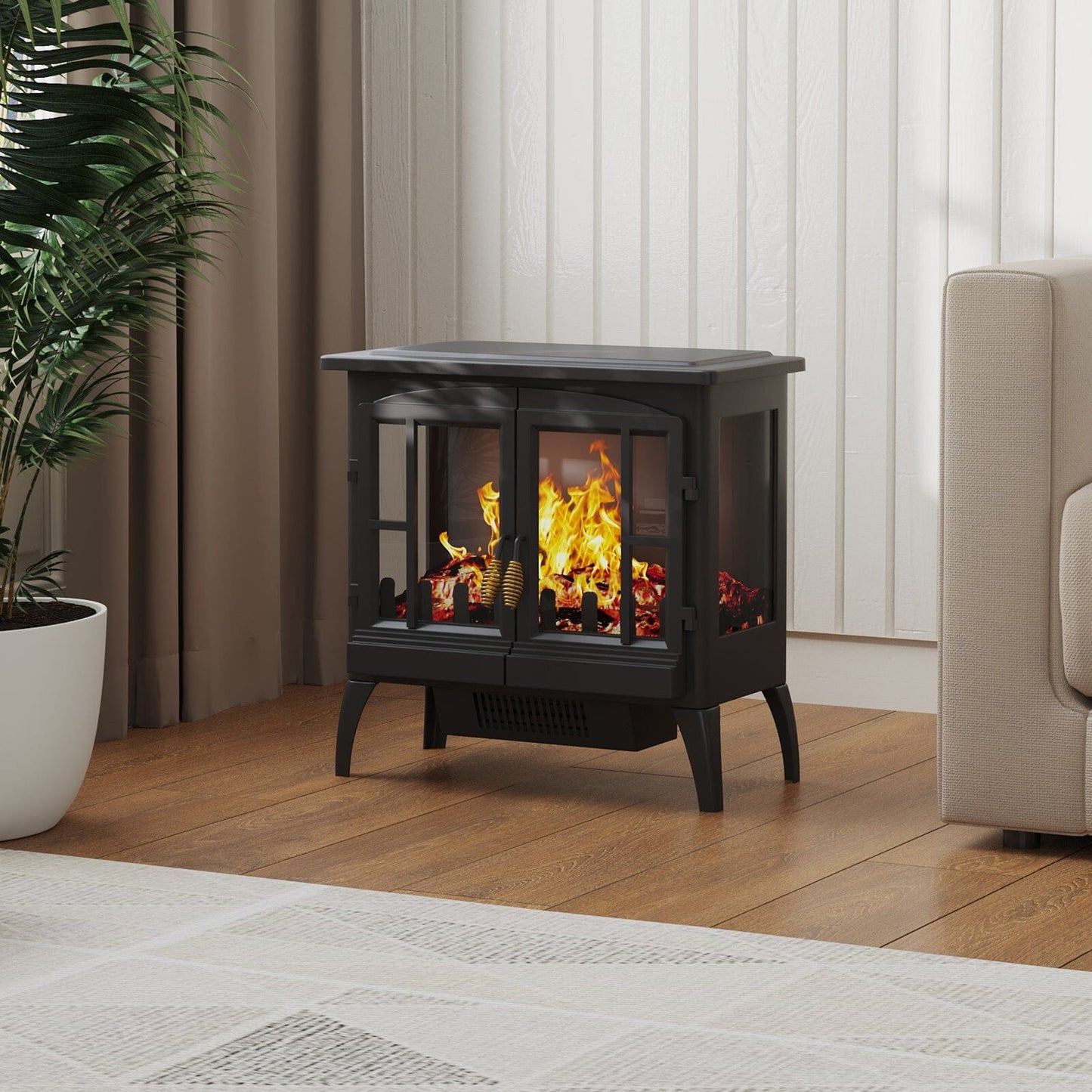Black Freestanding Electric Fireplace Heater with Adjustable Flame Brightness