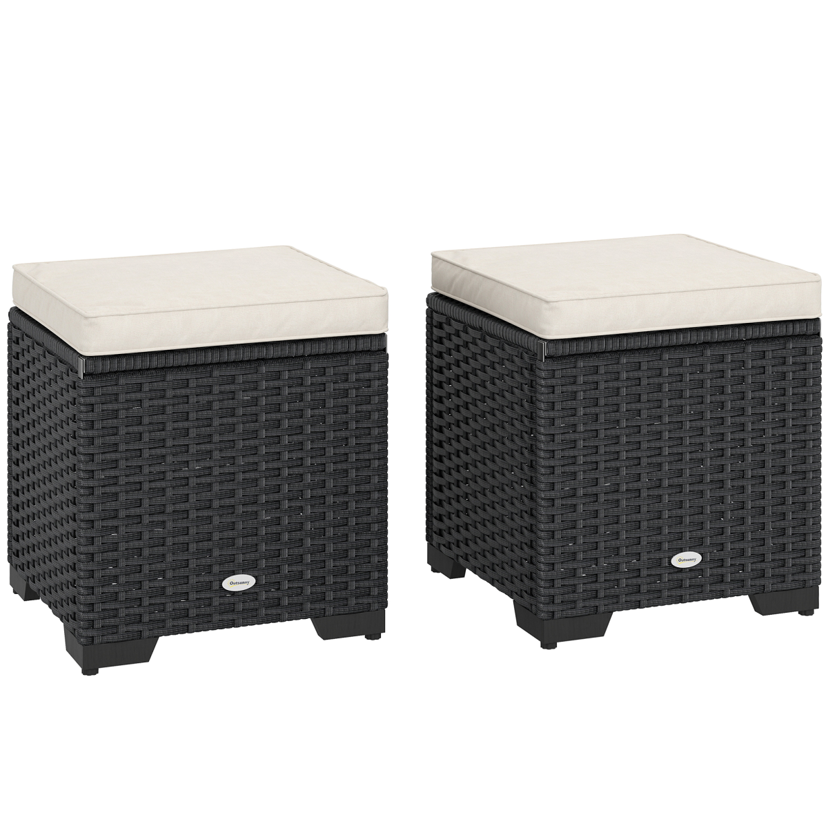 Esterno Set of 2 Rattan Footstool, Storage Ottoman w/ Cushions