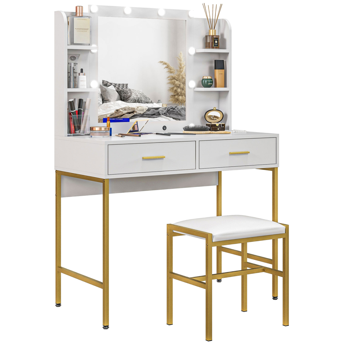 Aurora Makeup Vanity Desk Set with Lighted Mirror, Stool, Drawers