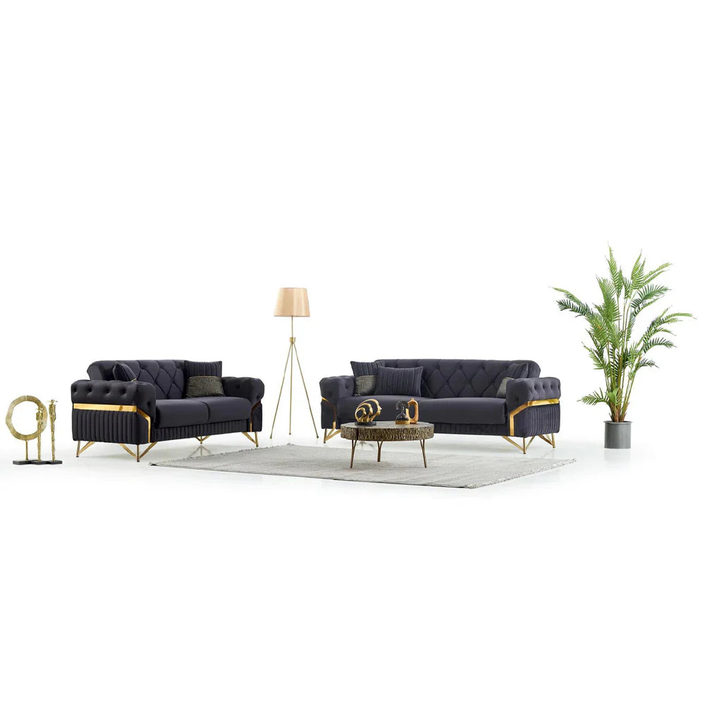 The Milano Luxury Premium 3+2 Black Gold Velvet Sofa Bed Set