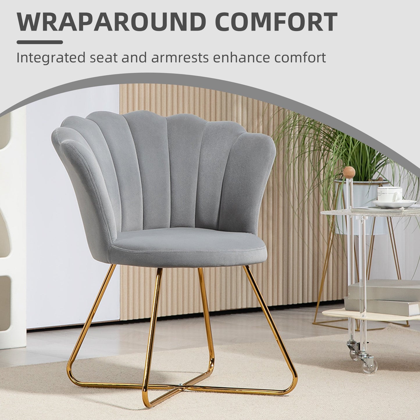 Aurora Accent Chair, Velvet Armchair with Lotus Backrest, Steel Legs